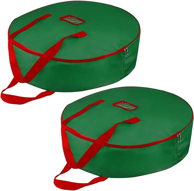 Christmas Wreath Storage Bag 30inch -Large Christmas Wreath Storage Container-Durable Oxford Fabric, Dual Zippered, Easy to Slip the Wreath in & Out, Protect Wreath Garlands from Dust-Green,Pack of 2
