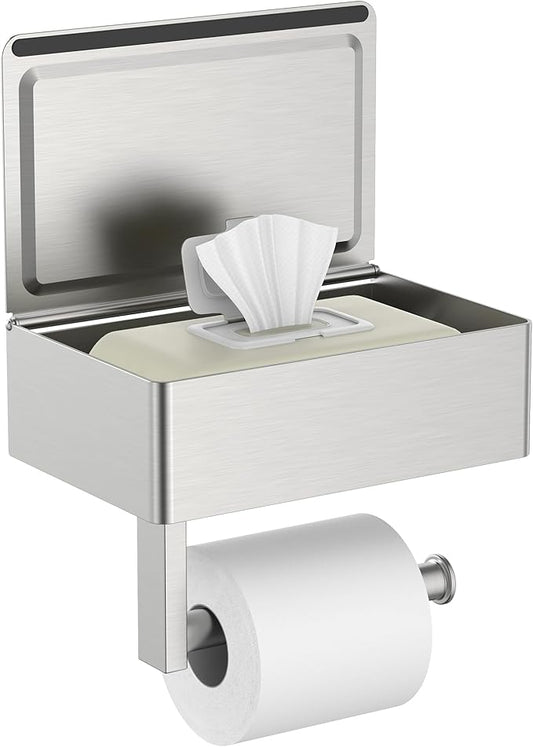 FORIOUS Toilet Paper Holder with Shelf, Sanitary Napkin Receptacle Tampon Holder, Wall Mount Toilet Paper Holder with Storage, Flushable Wipes Dispenser Fits for Bathroom Commercial(1, Brushed Nickel)