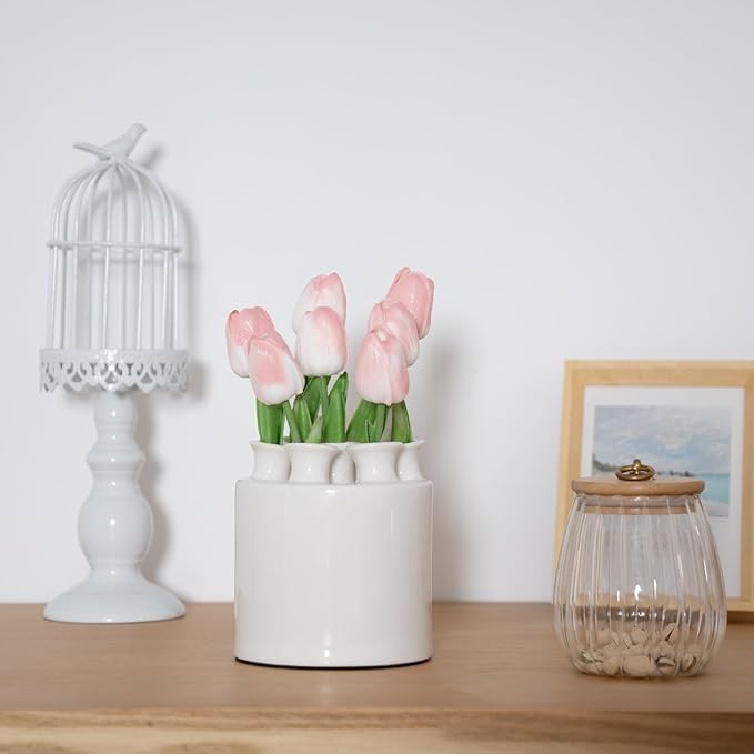 MOUGIGI Large Ceramic Vase Modern Cylinder Design with 7 Flower Openings, Perfect Centerpiece for Tulips、Hydrangeas、Roses and Wildflowers - Ideal Home Decor Gift for Birthdays Mothers Day