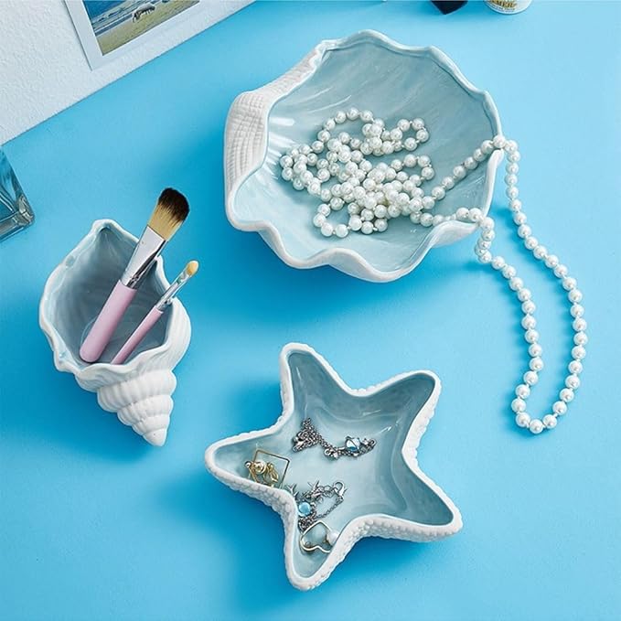 1 Pcs Conch Shape Ceramic Jewelry Tray, Multi-purpose Lovely and Luxurious Home Marine Decor, Ocean Style Earrings Necklace Storage for Rings, Watch, Key
