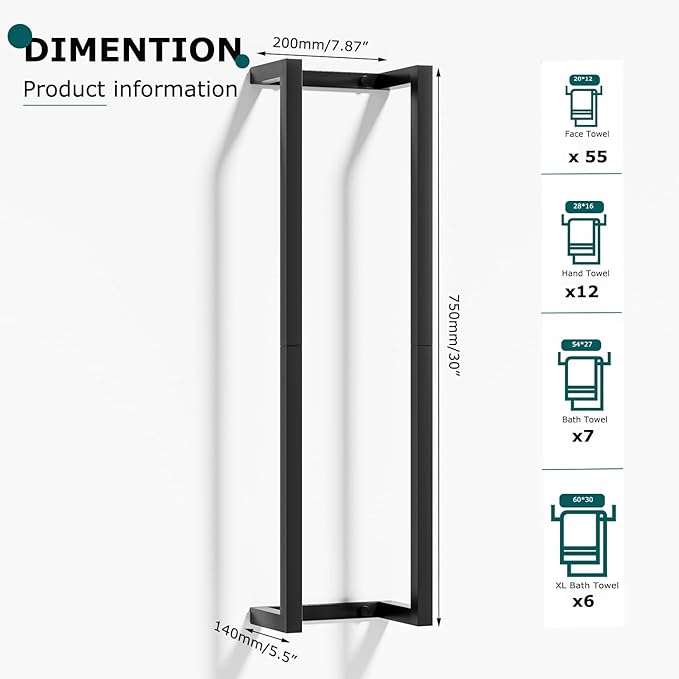 2 Pack Towel Rack for Bathroom, VIDA-ZONE 304 Stainless Steel Wall Mounted Towel Holder, 30 Inch Bathroom Towel Organizer for Rolled Bath Towels, Holds 6 Large Towels,Matte Black