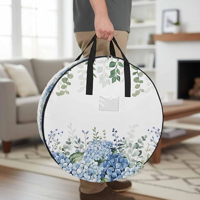 Storage Bag Blue Hydrangea Round Storage Totes Bins Closet Organizers with Zippers & Handle Green Eucalyptus Leaves Flowers Clothes Storage Container for Bedroom Dorm Space Saving Packing Supplies