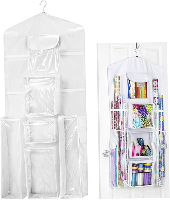 Wrapping Paper Storage Bag, Christmas Wrapping Paper Organizer 37.40x5.51 Inch Large Capacity Wall Hanging Double-Sided Transparent with 10 Pockets Space-Saving Rear Storage Bag with Zipper