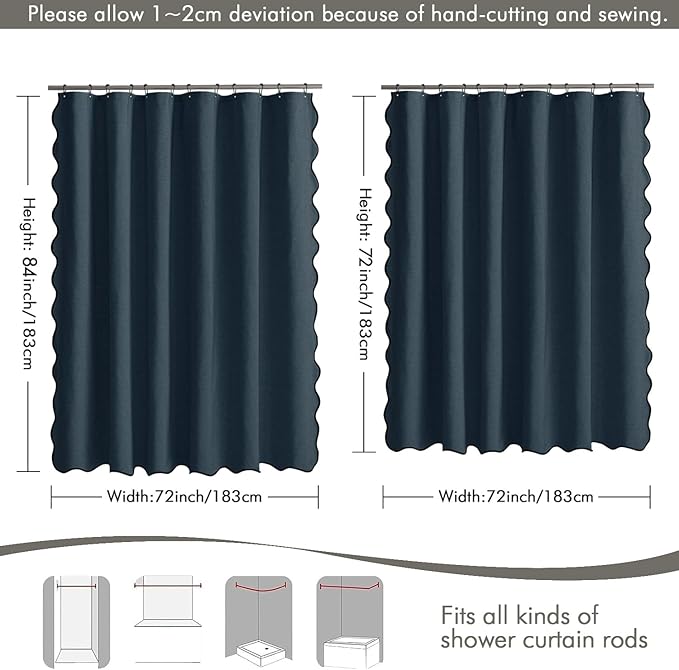MIULEE Navy Blue Scalloped Shower Curtain Linen Textured with 12 Metal Hooks Cute Heavy Duty Washable Waterproof Thick Cloth Shower Curtains with Black Border for Bathroom Hotel Bathtub,W72*L72