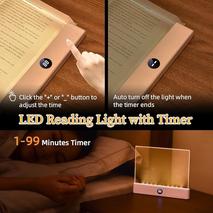 Book Light, Rechargeable Clear LED Flat Book Lights for Reading in Bed at Night with 3 Colors & Timer, Dimmable Panel Plate Book Lamp Full Page Light, Bookish Gifts for Women Readers Kids Book Lovers