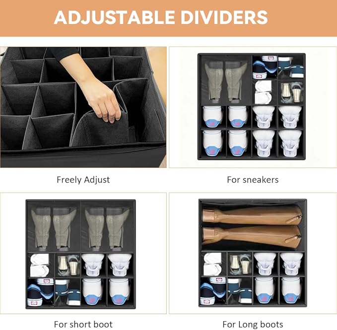 Shoe Organzier for Cloest - Adjustable Shoe Storage Box Fits 8-16 pairs,shoe Bin with Pop-Up dividers,Space Saver shoes Box organizer with Clear Dust Cover,Foldable shoe Cubby Storage Containers