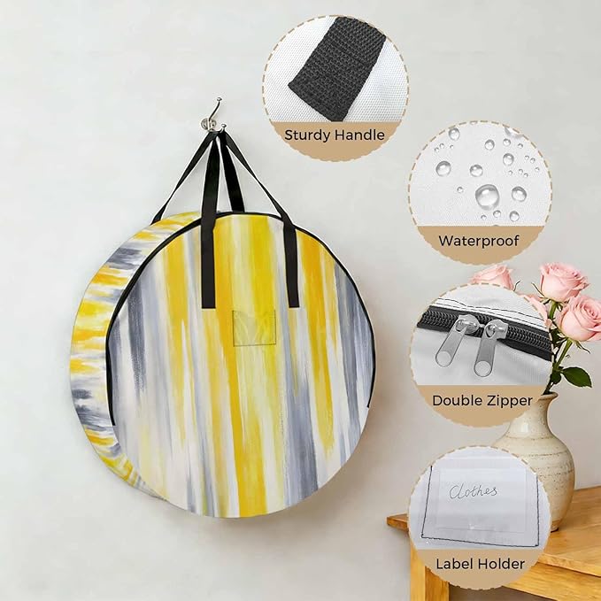 36 Inch Round Storage Bag 2 Pack,Grey Yellow Abstract Texture Waterproof Wreath Storage Container with Handles&Zipper Retro Graffiti Closet Organizer Bags Garland Box