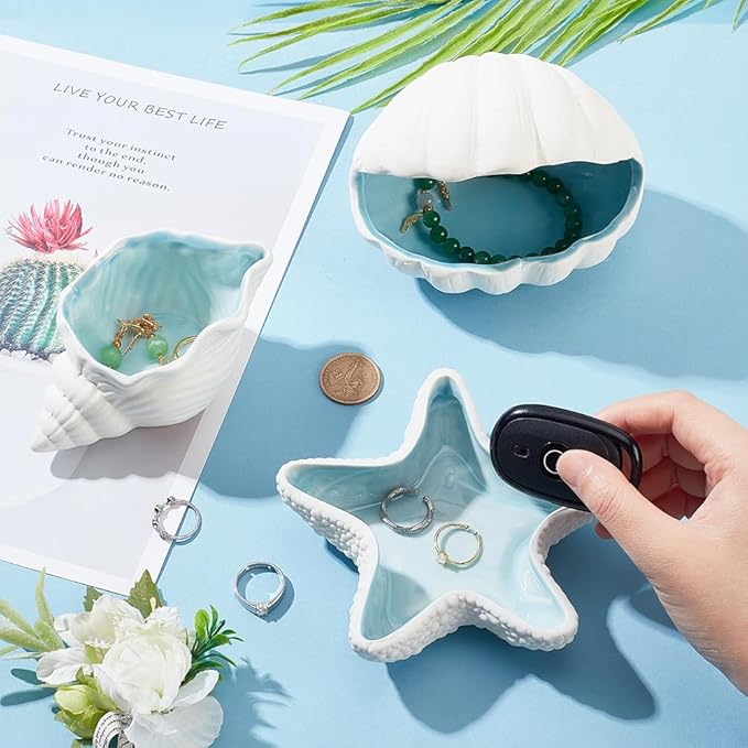 NBEADS Starfish Shape Ceramic Jewelry Tray, Aqua Shell Trinket Dish Ceramic Ring Earring Holder Ocean-themed Decorative Trinket Plate for Rings Earrings Necklaces Bracelet Jewelry Watch Keys