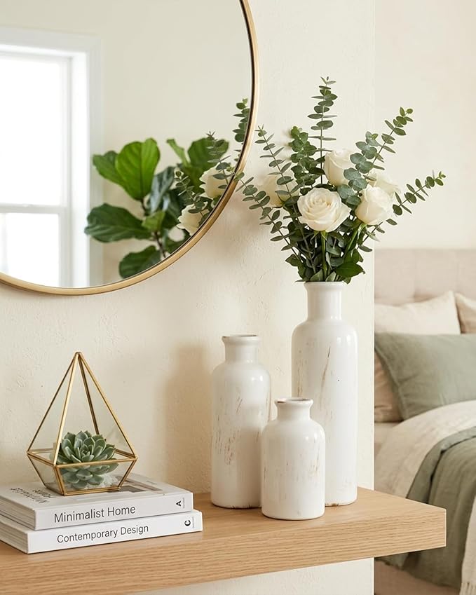White Ceramic 3 Piece Vase Set, Vintage Farmhouse Decorative Home Decor Vases for Living Room & Kitchen, Distressed Crackle Glaze Flower Vases for Table Bookshelf Mantel & Office