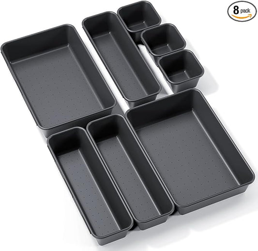 8PCS Plastic Interlocking Drawer Organizer, 3 Sizes Versatile Desk Drawer Organizer Trays, Drawer Dividers, Organization and Storage Bins for Tools, Office, Jewelries, Kitchen Utensils and Makeup
