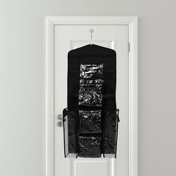 Hanging Wrap Storage Bag with Pockets, Over-The-Door Closet Organizer, Heavy-Duty Black Oxford Fabric, Wall-Mounted Wrapping Paper Holder for Home Packaging