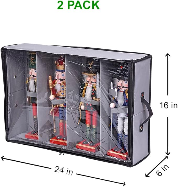 ProPik 2 Pack Christmas Figures Storage Box | Each Holds 4 Holiday Figurines up to 16” | Adjustable Nutcracker Decor Ornament Storage Container | Xmas Decorations Accessories Boxes (Gray)