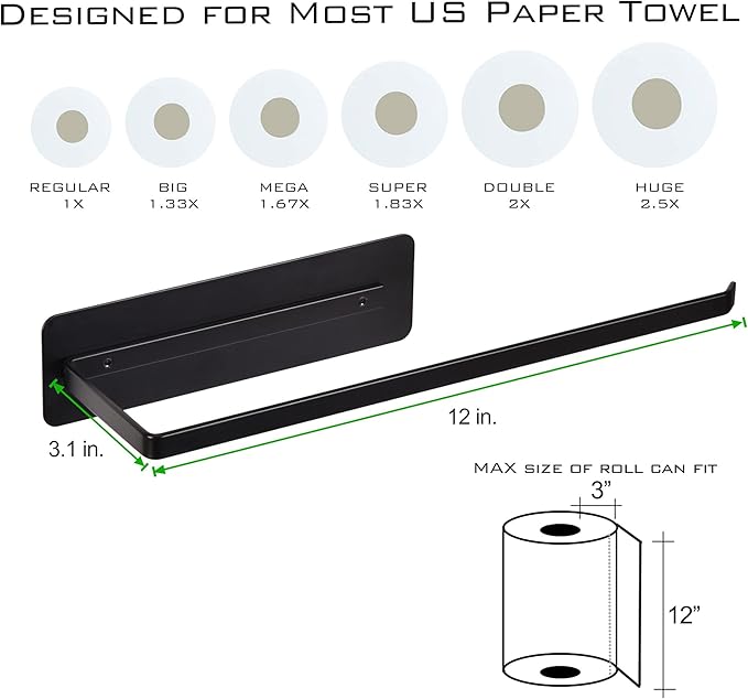 EASTTOWEST Magnetic Paper Towel Holder,Black Towel Bar Rack for Refrigerator BBQ Grills Griddles Toolbox RVs Tailgates,Heavy Duty Strong Magnet Backing,12”(L) x 3”(H),Fit All US Paper Roll