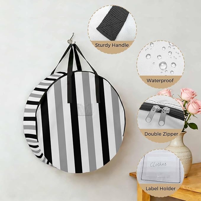 Storage Bag Black Gray Stripes Round Storage Totes Bins Closet Organizers with Zippers & Handle Contrast Striped Clothes Storage Container for Bedroom Dorm Space Saving Packing Supplies Moving Bags