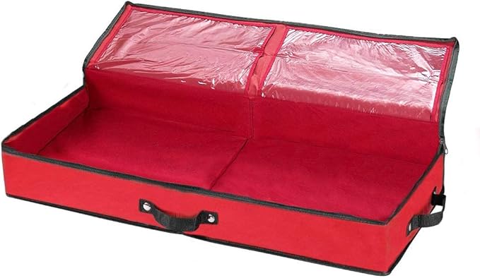 Primode Wrapping Paper Storage Container | Under Bed Gift Wrap Organizer for 30 Inch Rolls | 31”x13.5”x4.5” | 600D Oxford Material | Box Holder with Pockets for Ribbon, Bows, and Accessories (Red)