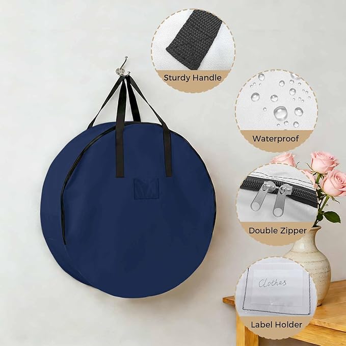24 Inch Round Storage Bag 1 Pack,Modern Solid Color Navy Blue Waterproof Wreath Storage Container with Handles&Zipper Minimalist Pure Bleu Marine Closet Organizer Bags Garland Box