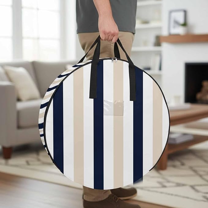 Storage Bag Black Khaki Stripes Round Storage Totes Bins Closet Organizers with Zippers & Handle Contrast Striped Clothes Storage Container for Bedroom Dorm Space Saving Packing Supplies Moving Bags