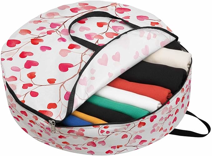Valentine's Day Round Storage Bag 24 Inch, Romantic Watercolor Red Gradient Love Heart Tree Clothes Storage Container with Handles Heavy Duty Organizer for Comforter, Bedding & Holiday Wreaths