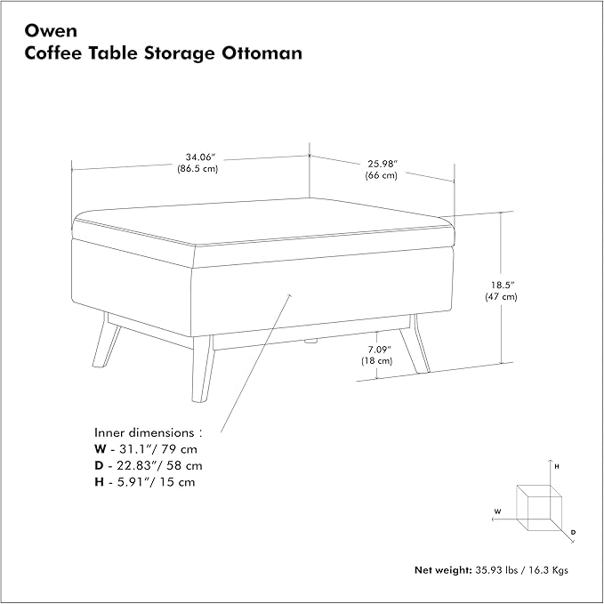 SIMPLIHOME Owen Coffee Table Storage Ottoman - 34" Wide x 19" High Upholstered Vegan Leather Rectangular Lift-Top Ottoman in Distressed Chestnut Brown, Mid-Century Modern Bench with Tapered Legs