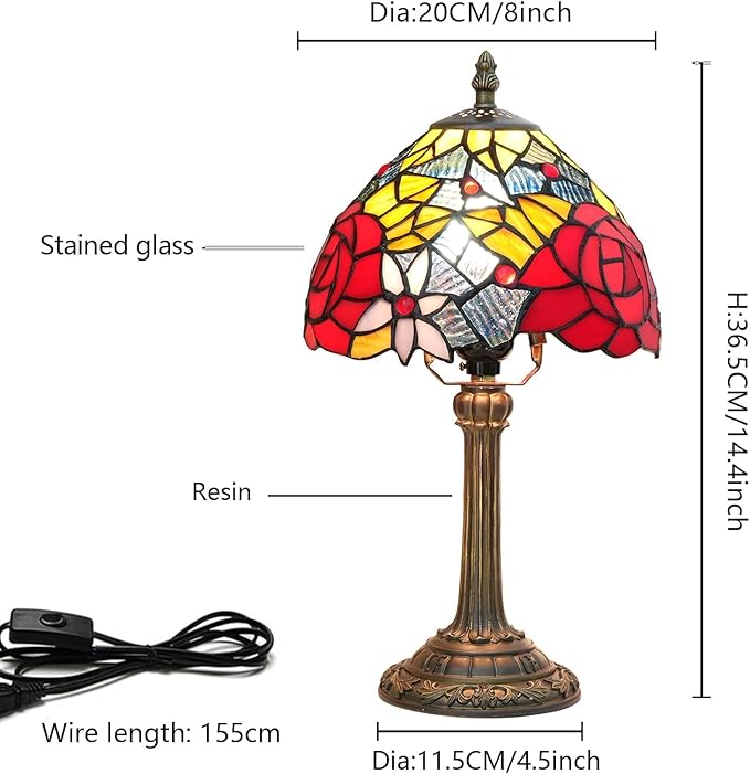 Tiffany Lamp Bedside Table Lamp-Nightstand,Stained Glass Lamp for Bedroom Dorm Living Kitchen, Aesthetic Cute Home Decor Gift (Rose)