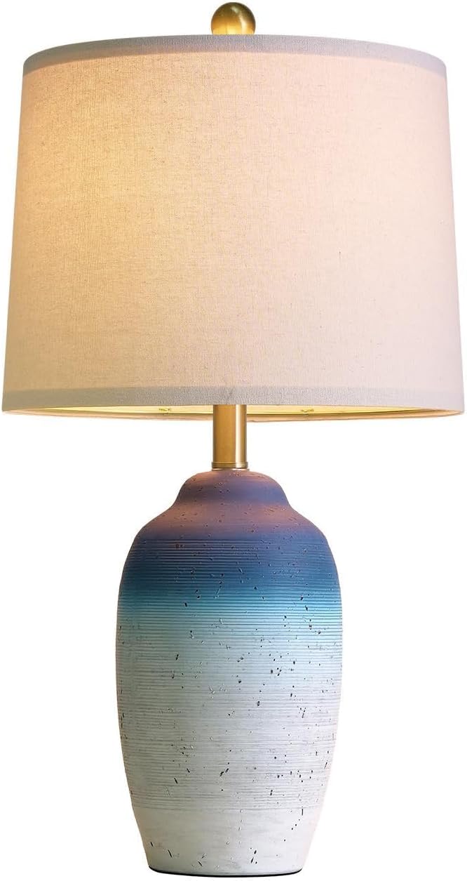 USumkky 24.5" Vintage Ceramic Table Lamp with 5FT Cord - Single Farmhouse Rustic Bedside Lamp with Natural Textured Finish, Nightstand Lamps for Living Room, Bedroom, End Table, Office White and Blue