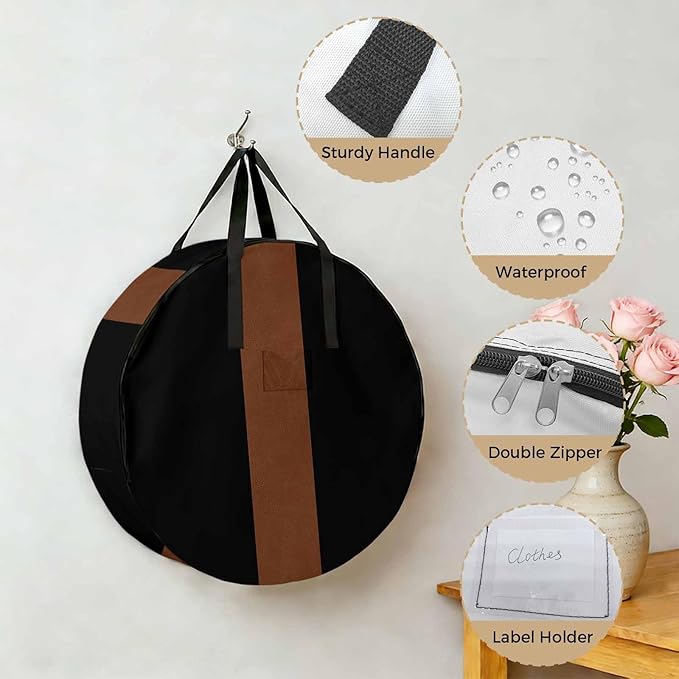 Storage Bag Brown Black Round Storage Totes Bins Closet Organizers with Zippers & Handle Boho Style Clothes Storage Container for Bedroom Dorm Space Saving Packing Supplies Moving Bags