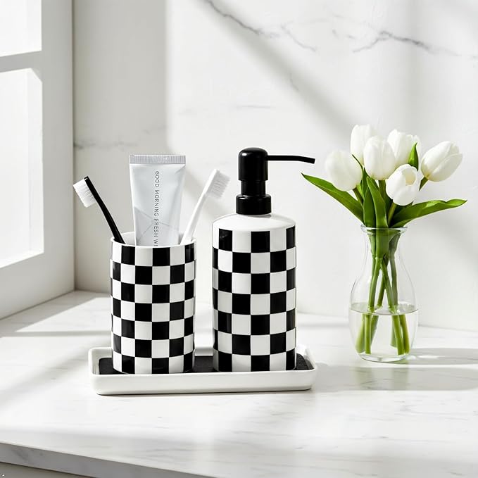 Tooth brush Holder for Bathroom, Black and White Ceramic Toothbrush Holders for Bathrooms, Modern Cute Toothbrushes and Toothpaste Caddy for Bath Countertop Storage Organizer, Checkered Bathroom Decor
