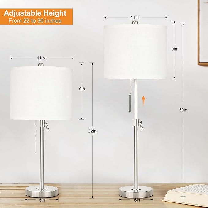 Qingmiao Table Lamps Set of 2, 22" to 30" Adjustable Nightstand Lamps for Bedroom, Dimmable End Table Lamps for Living Room Console Entry Farmhouse Home Decor, New House Warming Gifts
