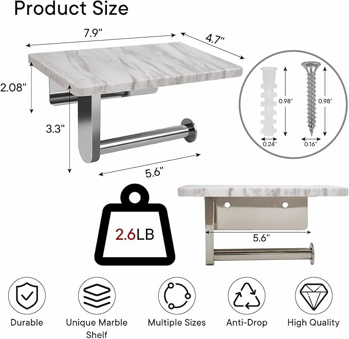 Toilet Paper Holder with Natural Marble Shelf for Bathroom Washroom,Wall Mounted Tissue Holder Suitable for Mega Roll (Brushed Nickel, Middle 7.87 * 4.72 in)