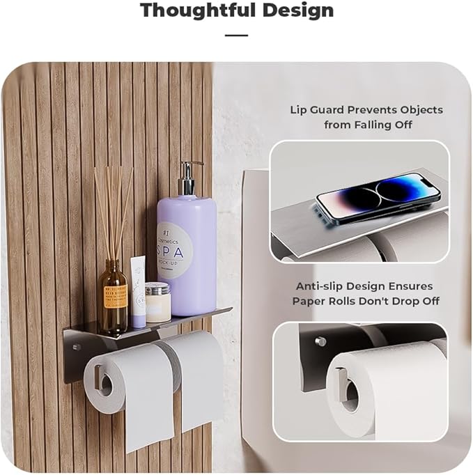 Double Toilet Paper Holder with Shelf, 304 Stainless Steel Wall Mount Commercial Toilet Paper Dispenser, Double Tissue Roll Holder for Bathroom, 2 Pack Brushed Nickel