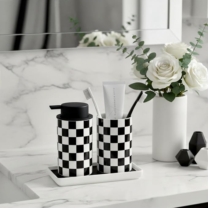 Tooth brush Holder for Bathroom, Black and White Ceramic Toothbrush Holders for Bathrooms, Modern Cute Toothbrushes and Toothpaste Caddy for Bath Countertop Storage Organizer, Checkered Bathroom Decor