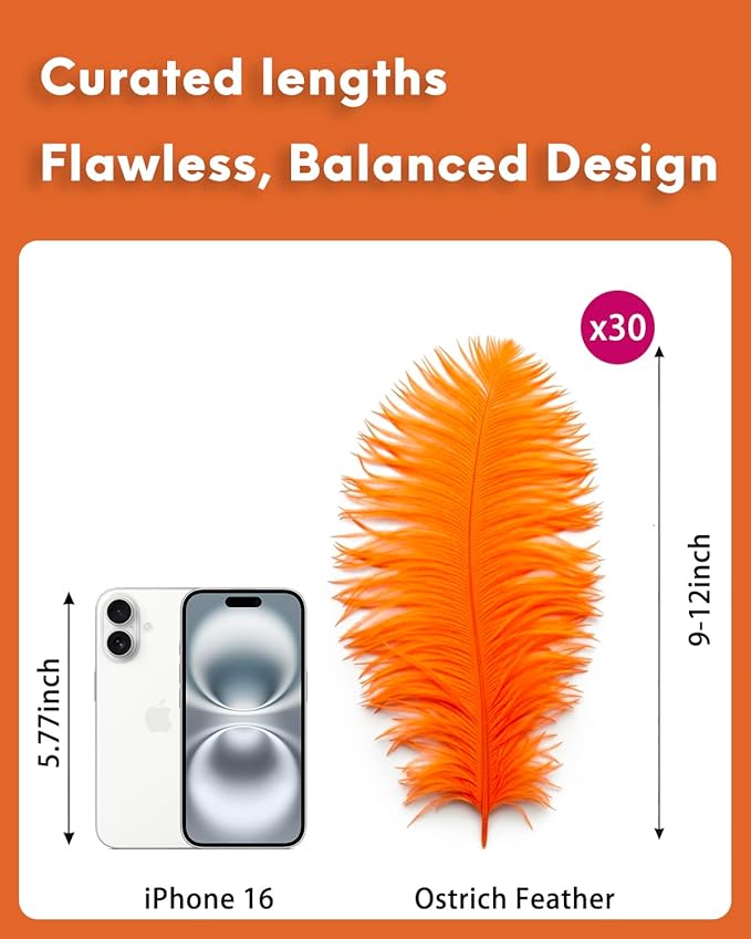 30pcs Orange Ostrich Feathers Natural Bulk 9-12in（23-30cm） Vase Craft Wedding Home Party Centerpieces Christmas Day Decoration