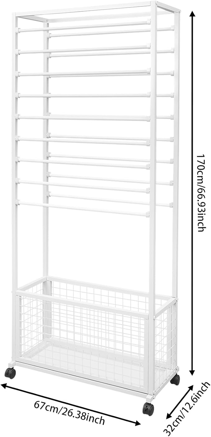 Mobile Ribbon Holder Double-Sided Ribbon Organizer Rack with 20 Hanging Rods Multifunctional Flower Wrapping Paper Storage Stand with Lockable Wheels Wrapping Paper Rack (26.38*12.6*66.93in, White)