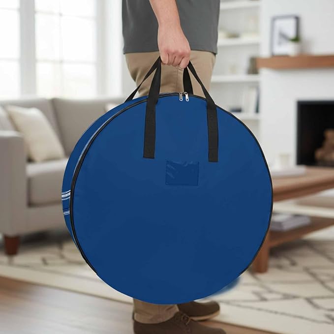 Solid Color Round Storage Bag 36 Inch, Navy Blue Clothes Storage Container with Handles Heavy Duty Organizer for Comforter, Bedding & Holiday Wreaths