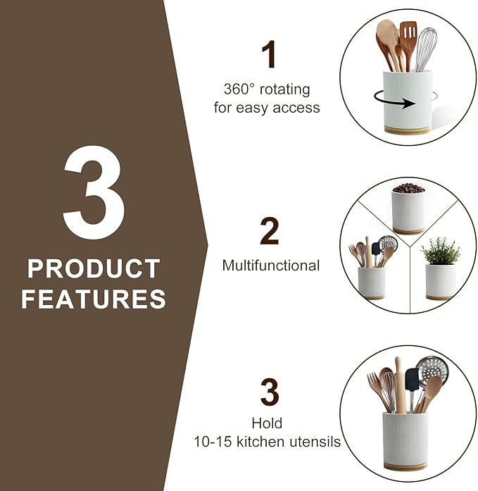 360° Rotating Utensil Holder for Kitchen Counter, 7.6'' Extra Large Utensil Caddy for Countertop, Modern Utensil Organizer for Spatula, with Rotatable Bamboo Base, White