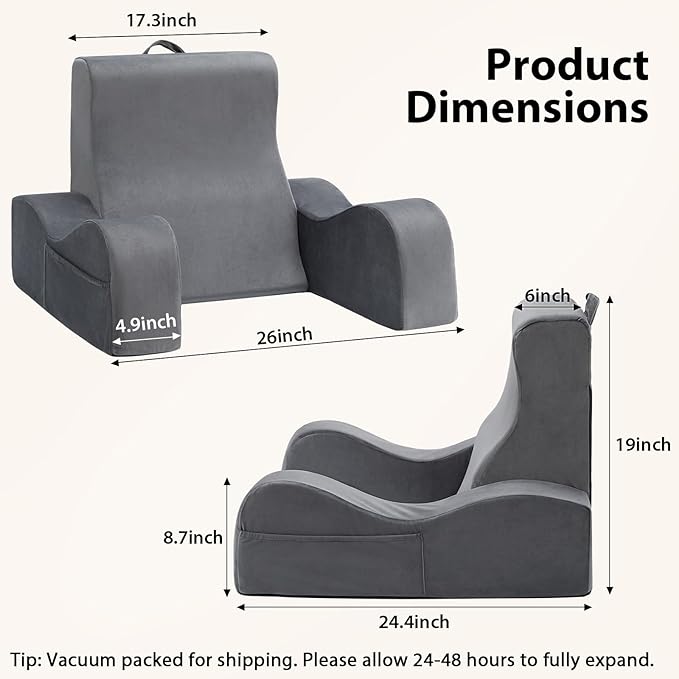 Quilmfoam Reading Pillow for Sitting in Bed Adult, Back Pillow for Sitting Up with Arms, Bed Pillow Back Support for Reading, TV, Gaming & Working, Removable Cover, Lightweight 19", Grey