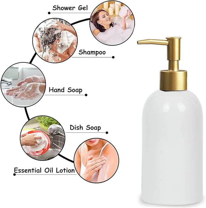 Ceramic Soap Dispenser White with Gold Pump,Simple Design Cylindrical Lotion Dispenser Bottle,Refillable Liquid Hand Soap Dispenser for Kitchen,Bathroom,Washroom