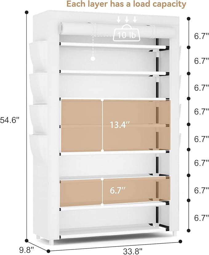 VILICK Shoe Rack with Cover, 8 Tier Tall Shoe Organizer Storage for 36-45 Pair Shoes and Boots Large Shoe Storage Shelf Free Standing Shoe Rack for Closet, Front Door Entrance, Dorm, Garage, White
