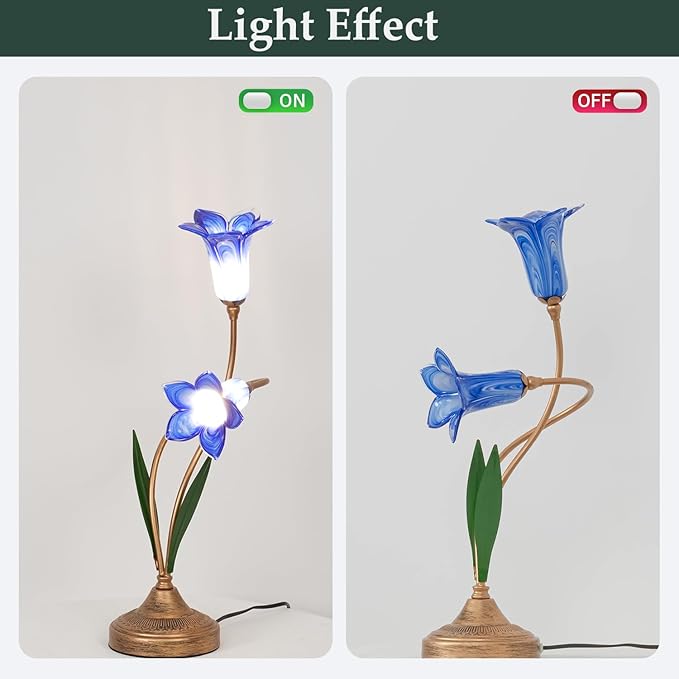 Skyblaze Classic Style Table Lamp with Flower Glass Shade, Elegant Flower Night Light, Art Deco Accent Table Lamp for Bedroom Living Room (Blue, 2 Lights)