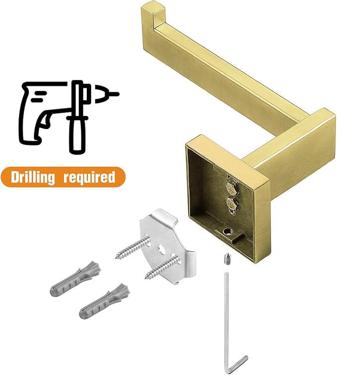 HITSLAM Brushed Gold Brass Toilet Paper Holder Wall Mount Premium 304 Stainless Steel Square Toilet Paper Roll Holder for Bathroom Rustproof