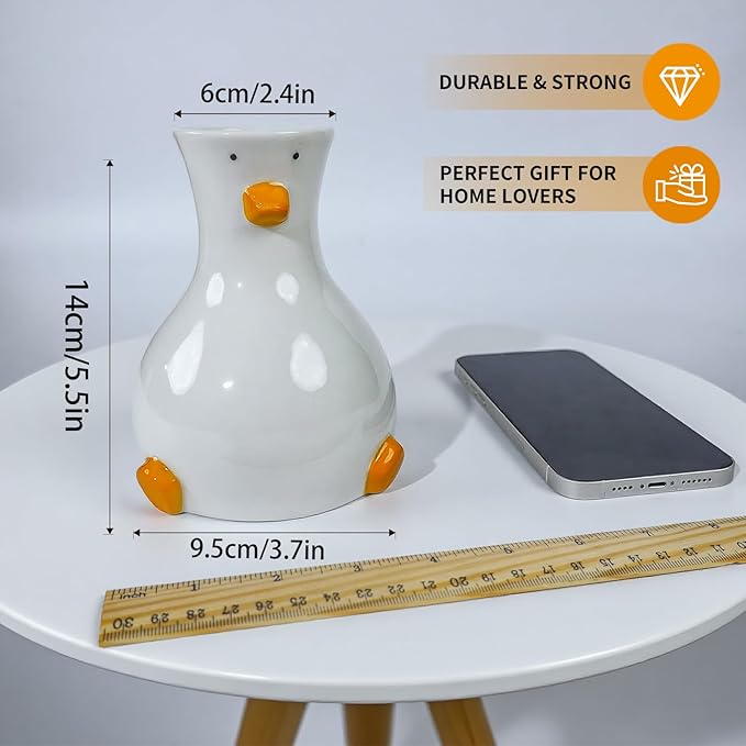 MOUGIGI Handcrafted Ceramic Duck Vase - White Modern Flower Vase with Unique Duck Design - Round Aesthetic Table Decor - Funky and Trendy Art Vase