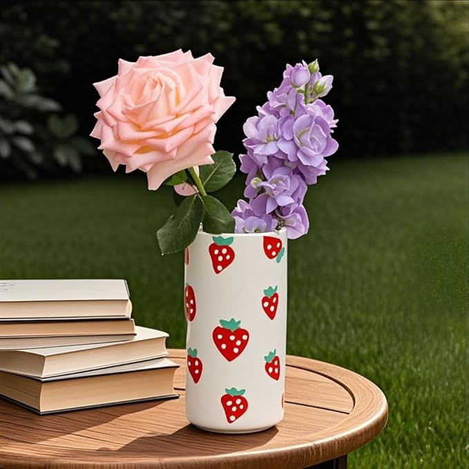 MOUGIGI Strawberry Ceramic Vase-Unique Aesthetic Design for Funky Flower Decor-Perfect Summer Fruit Theme Table Centerpiece-Ideal Gift for Parties and Special Occasions-Stylish Durable Home Decoration