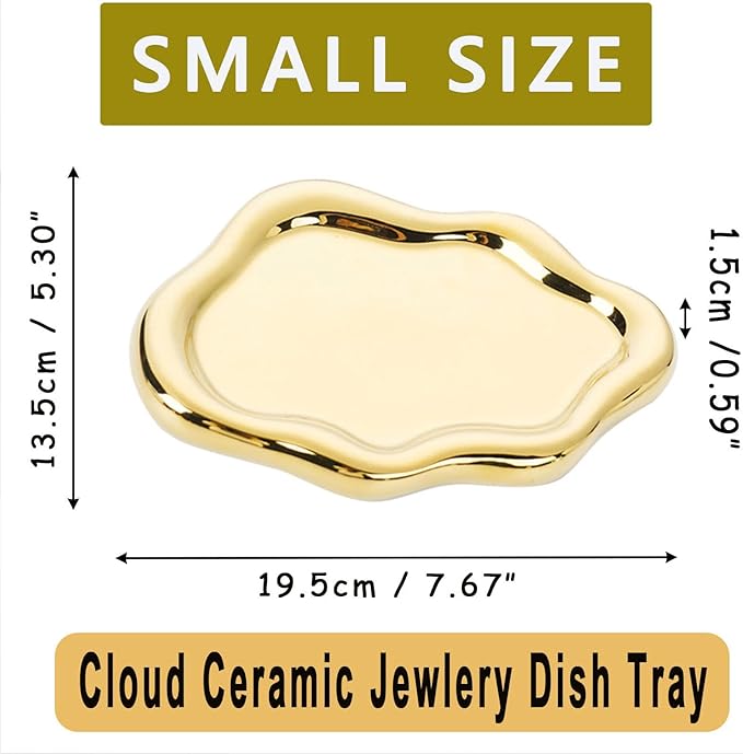 Jewelry Tray for Women, Cloud Shape Ceramic Trinket Dish, Jewelry Organizer Storage Holder for Ring Earring Bracelet Necklace, Make Up Organizer (White) (Gold)