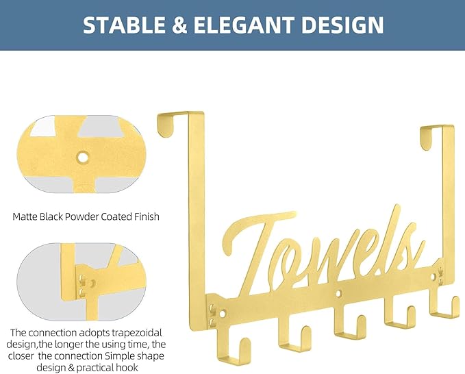 Azmoncy 2 Pack Over The Door Hooks, Towel Rack for Bathroom Towel Holder for Hanging Heavy Duty, Wall Mount Towel Hanger with 10 Hooks for Bedroom Bathroom Kitchen Towels, Bag, Coats(Gold)