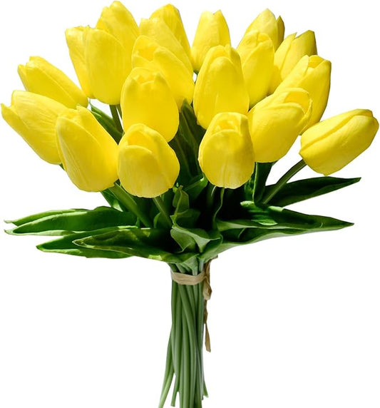 Mandy's Yellow Artificial Tulips Flowers Centerpiece, 13.5" Lifelike PU Fake Floral Stems 20pcs for Kitchen Island & Dining Table, Spring Decor for Easter