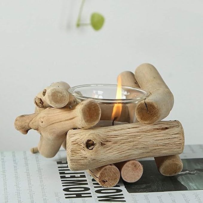 Sziqiqi Handmade Wooden Tea Light Candle Holder with Glass Cup Rustic Country Coastal Style for Farmhouse Home Decoration Home Altar Decoration Holoday Wedding Decoration Pack of 4