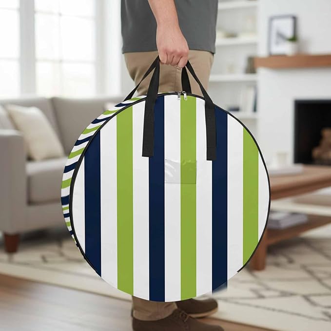 Storage Bag Navy Blue Green Stripes Round Storage Totes Bins Closet Organizers with Zippers & Handle Contrast Striped Clothes Storage Container for Bedroom Dorm Space Saving Packing Supplies Bags