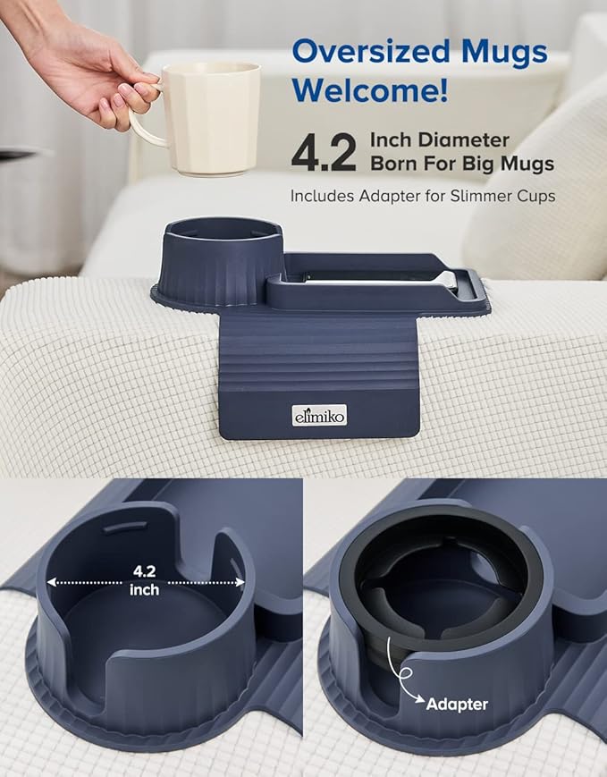 Couch Cup Holder Tray, Elimiko Silicone Sofa Drink Holder with Large Cup Holder and Tray, for Oversized Mugs/Long Remote/Snacks/Cellphone (Navy Blue)