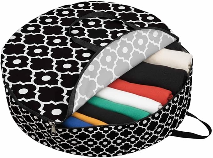 Storage Bag Retro Moroccan Design Round Storage Totes Bins Closet Organizers with Zippers & Handle Black Geometric Pattern Clothes Storage Container for Bedroom Dorm Space Saving Packing Supplies Bags