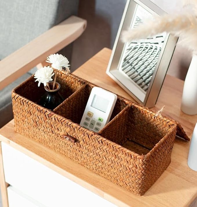 EatingBiting 13"x5" Seagrass Storage Basket with Lid Rectangular Small Woven Shelf Baskets Organize Hand Woven Storage Baskets Dust Clothing Storage-Box Wardrobe Container Sundries Organizer 3 Grids